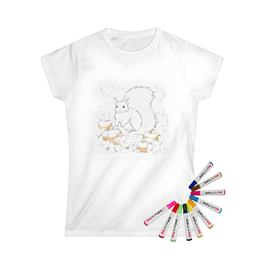 Women's t-shirt featuring a squirrel illustration surrounded by pumpkins and autumn leaves, perfect for fall season coloring