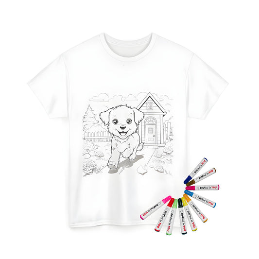 Unisex t-shirt with adorable puppy design, perfect for dog lovers. A cute happy pup runs on a winding pathway in a beautiful garden scene with flowers and a house in the background.