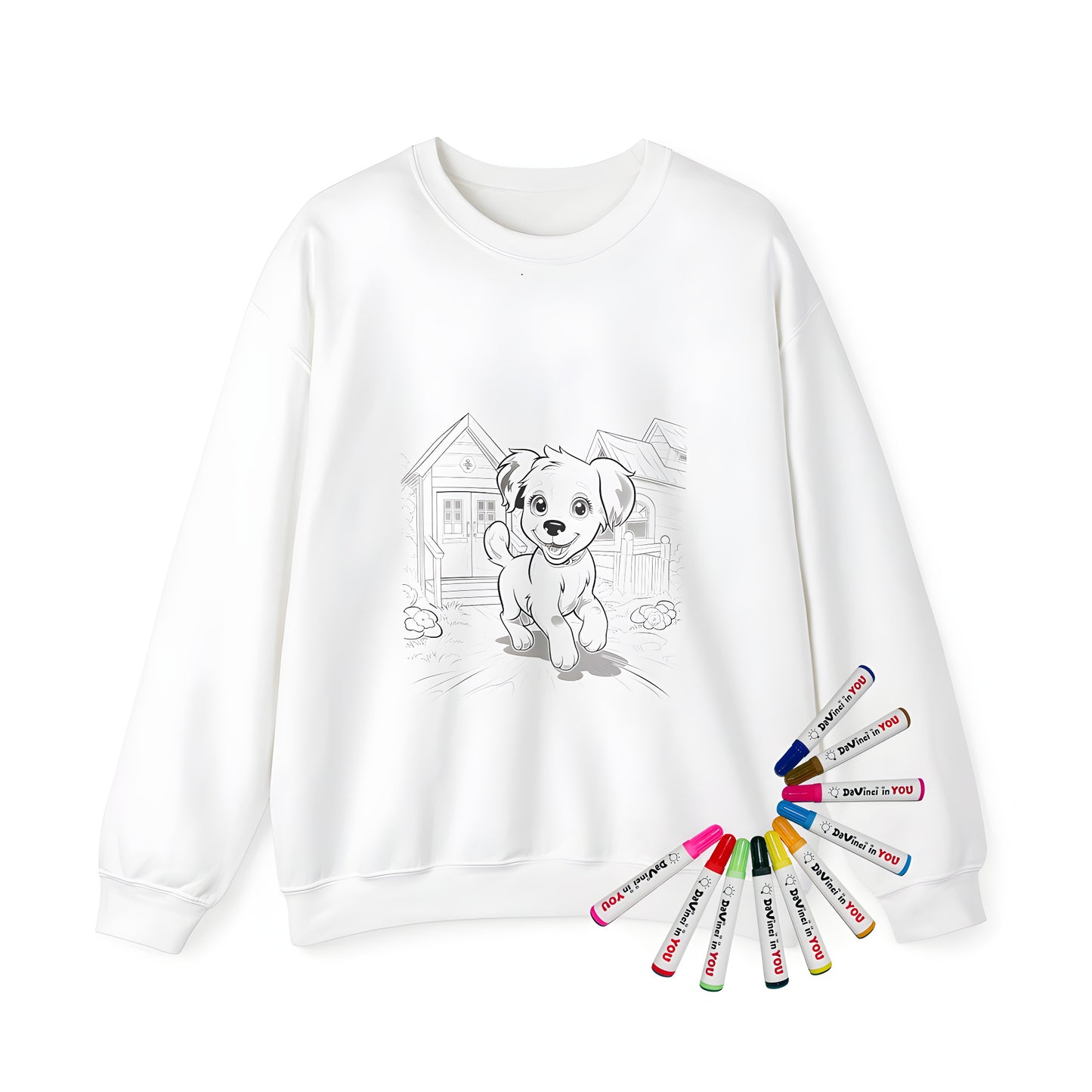 Adult sweatshirt featuring a cute puppy, dog, pup, canine design with houses and flowers