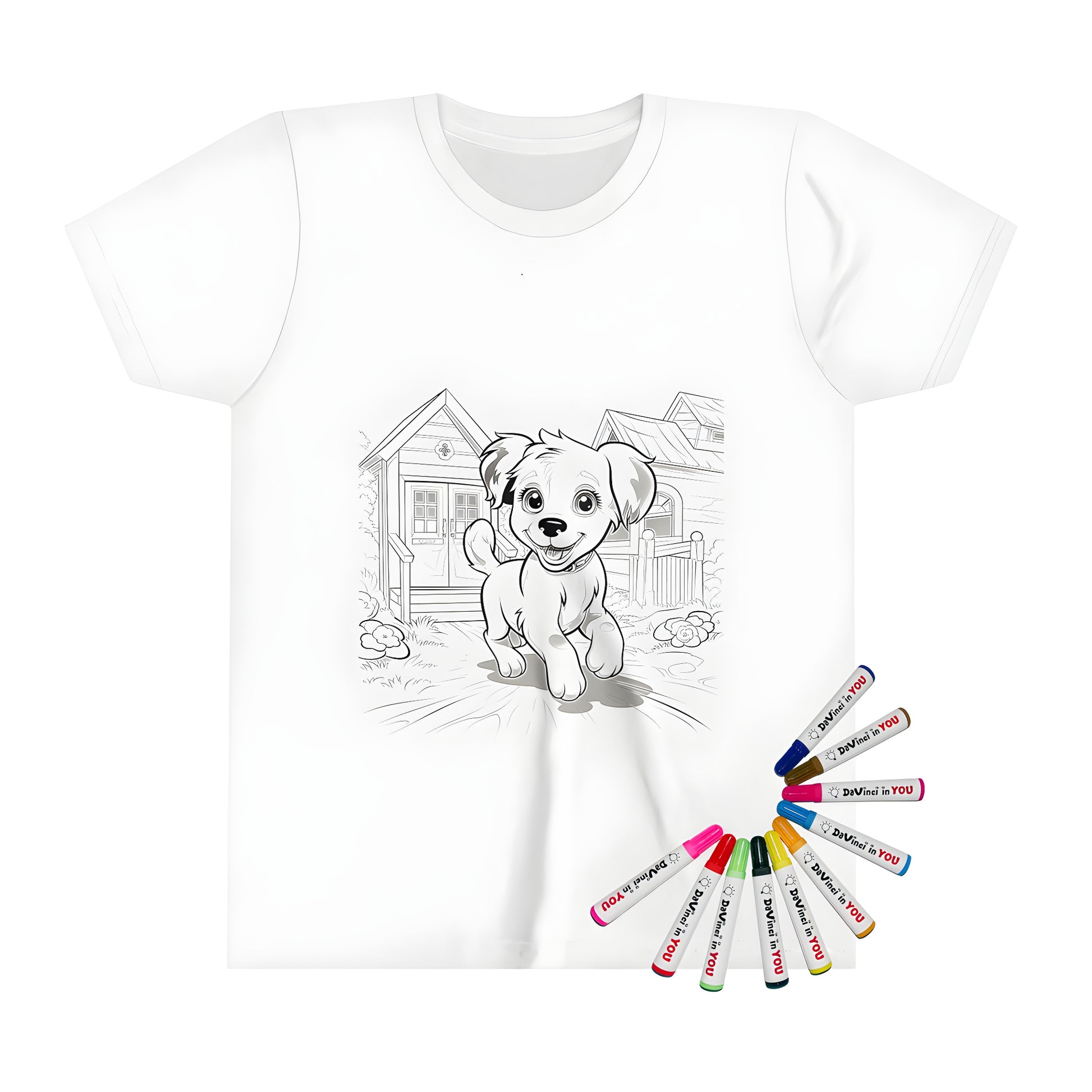 Kid's t-shirt featuring an adorable canine design, complete with cute puppy, houses, and flowers