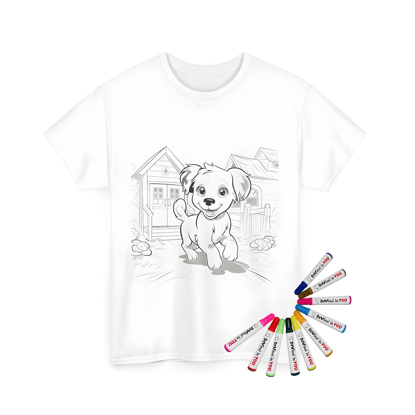 Unisex T-Shirt with cute puppy, dog breed design, pet animal illustration for kids coloring