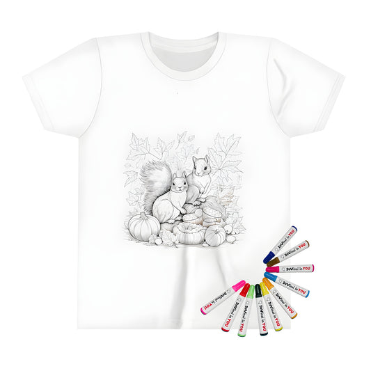 Kid's t-shirt with squirrels autumn coloring page design, squirrel illustration print, fall forest theme