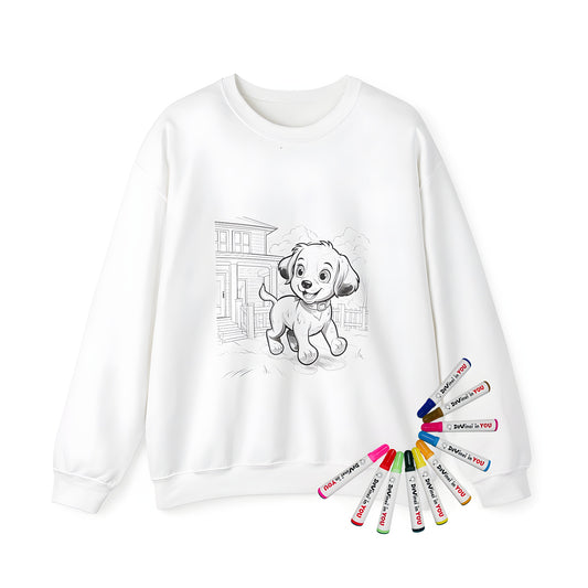 Adult sweatshirt featuring a playful pup running freely in a sunny yard