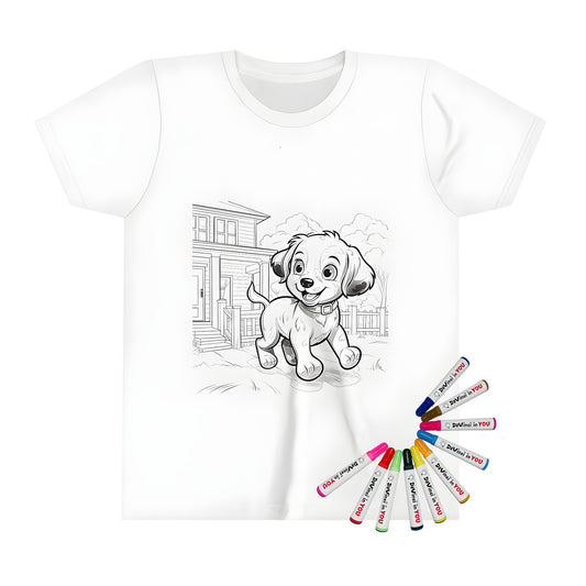 Cheerful puppy illustration on kid's t-shirt, colorful markers included