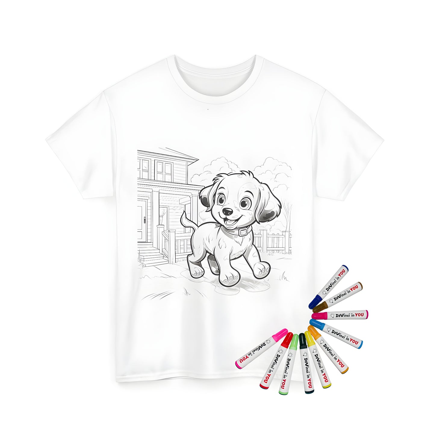 A cheerful dog running freely in a yard scene printed on a unisex t-shirt