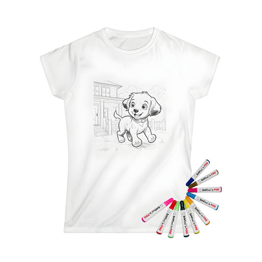 Women's t-shirt featuring cute puppy illustrations running in a yard with a house and fence, perfect for dog lovers and coloring enthusiasts. Product details: Women's T-shirt Coloring Kit with 10 Fabric Markers - Puppy in Yard