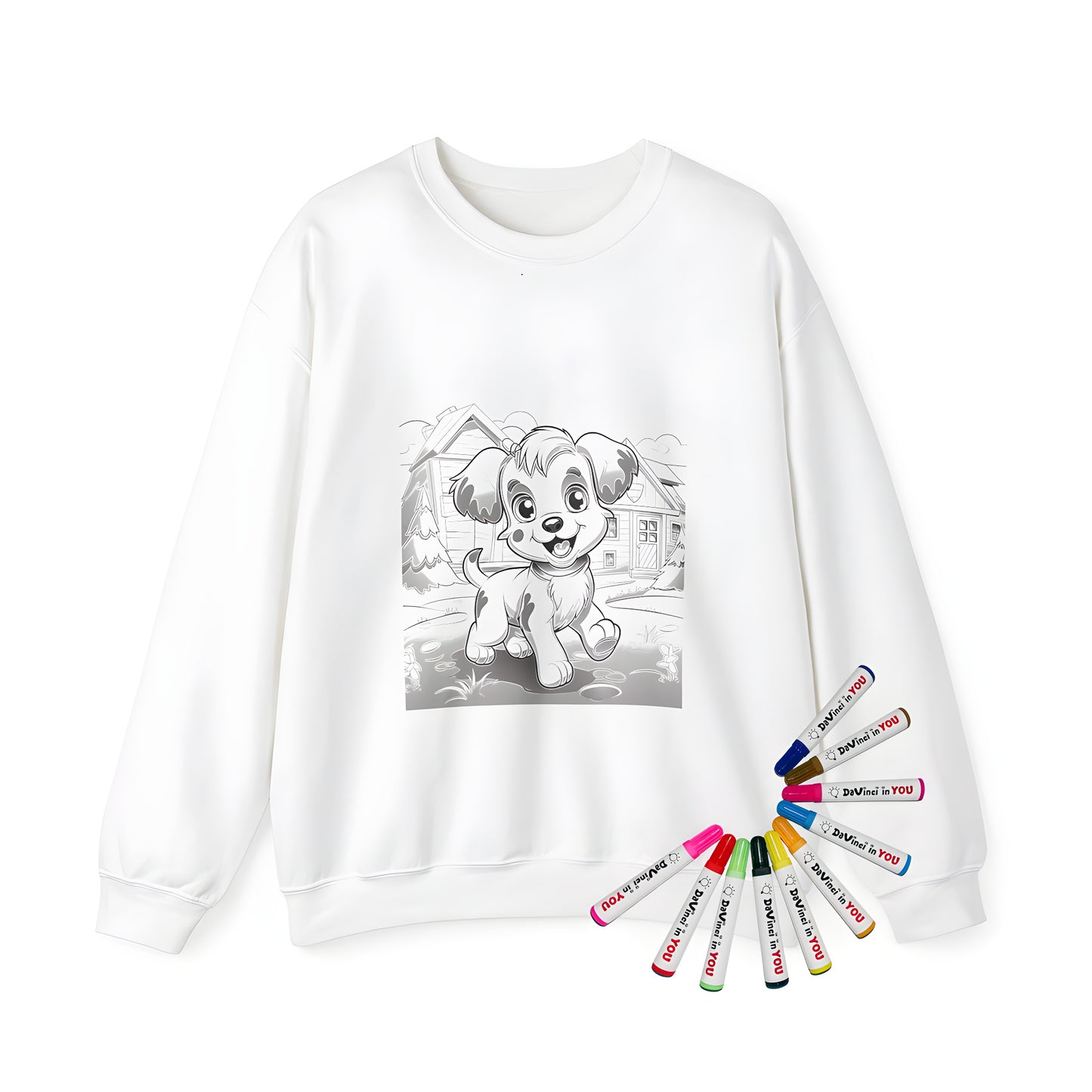 Adult sweatshirt featuring a cute cartoon pup or pooch design, set against a house and garden scene, perfect for dog lovers