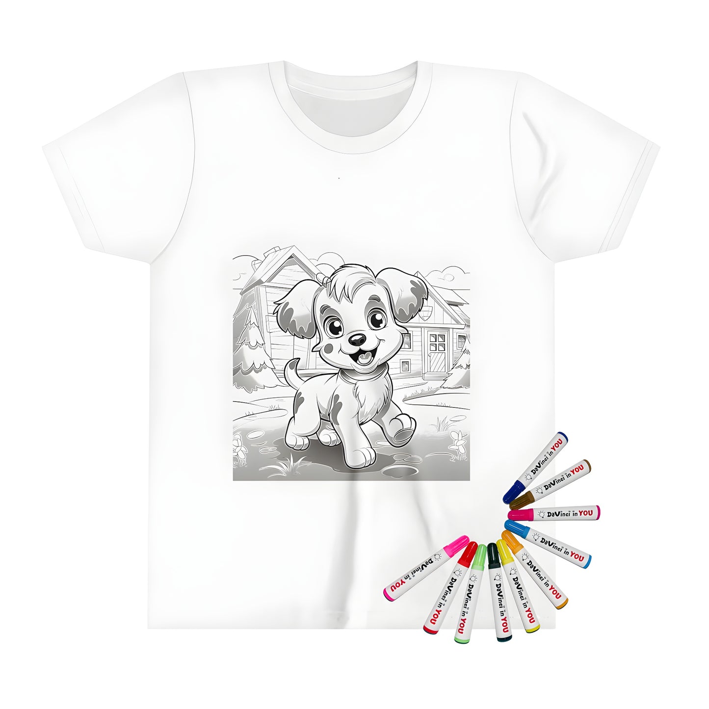 Coloring kit t-shirt with cute cartoon dog illustration of a puppy playing in front of house