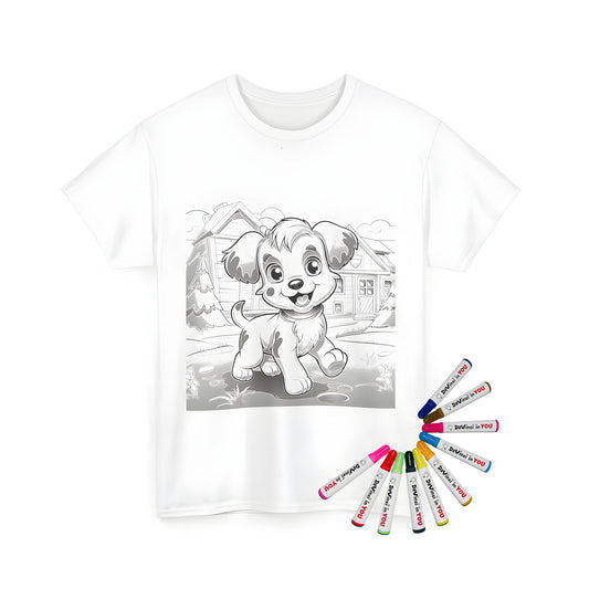 Unisex t-shirt featuring a cute cartoon pup, dog, or puppy artwork design for kids and adults alike