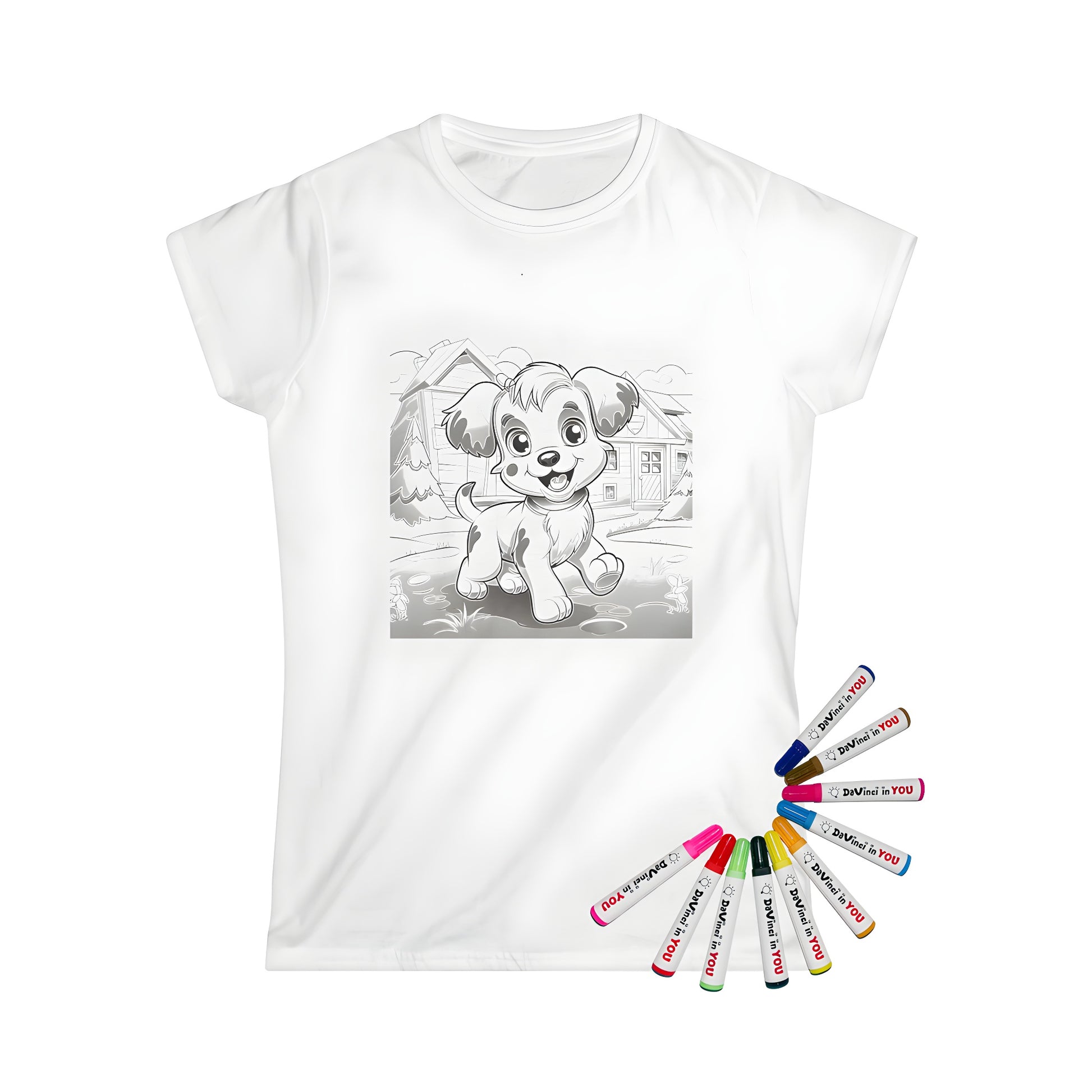 Women's t-shirt with cute puppy cartoon design, featuring a happy pup in front of a house surrounded by trees and flowers