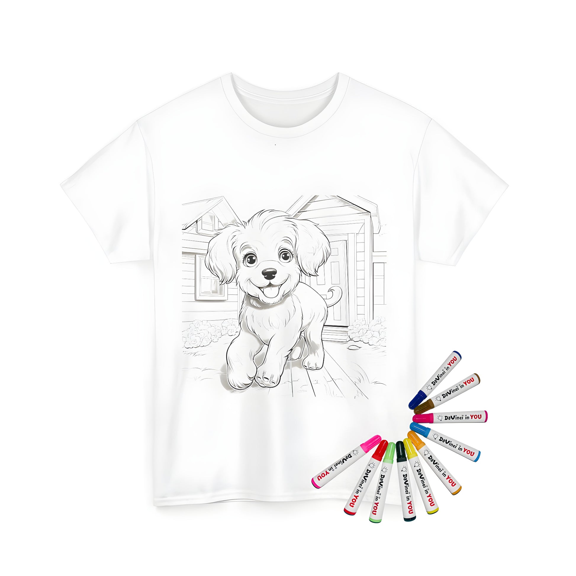 Unisex t-shirt featuring a playful and happy puppy design, surrounded by colorful flowers and a house in the background