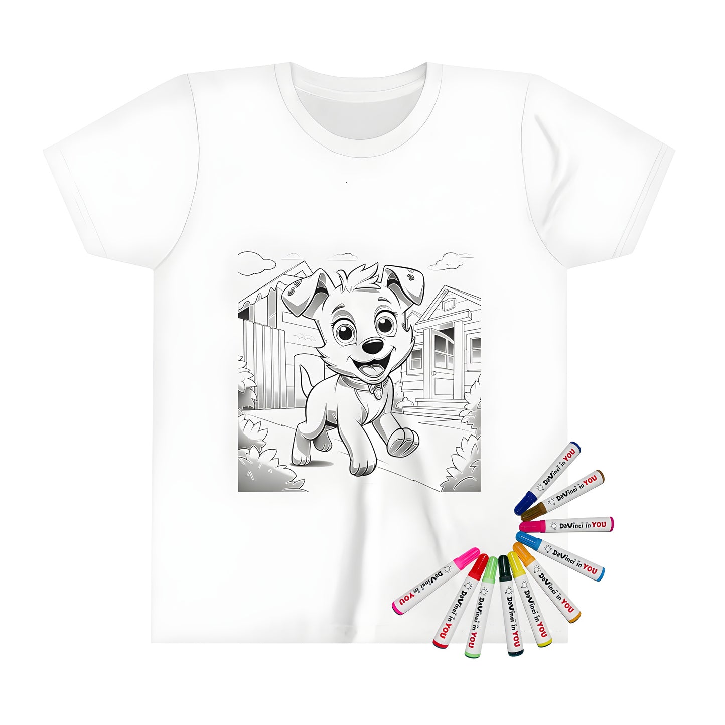 A vibrant Kid's T-shirt featuring a colorful depiction of a joyful puppy running on a pathway towards a house surrounded by lush bushes and a fence.