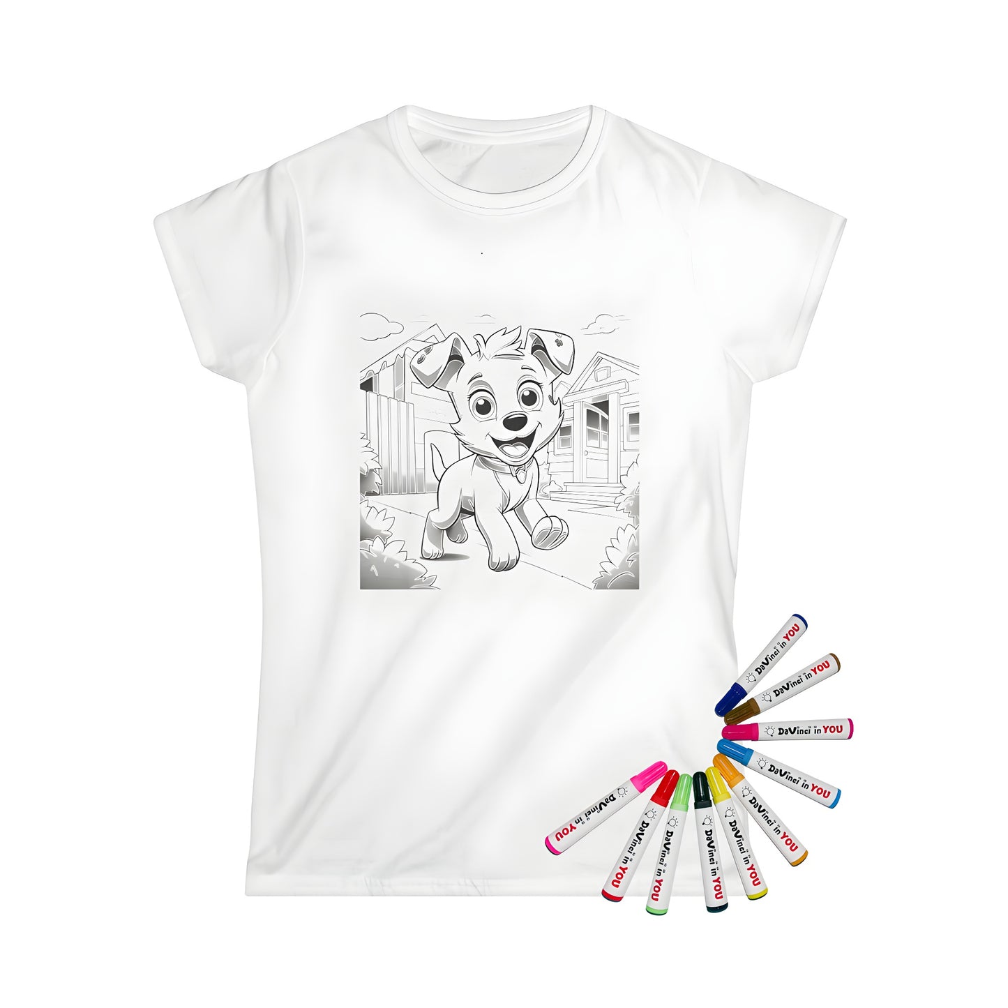 Women's t-shirt featuring a joyful puppy artwork with colorful markers, perfect for dog lovers and those who adore cute animals like pooches, pups, canines