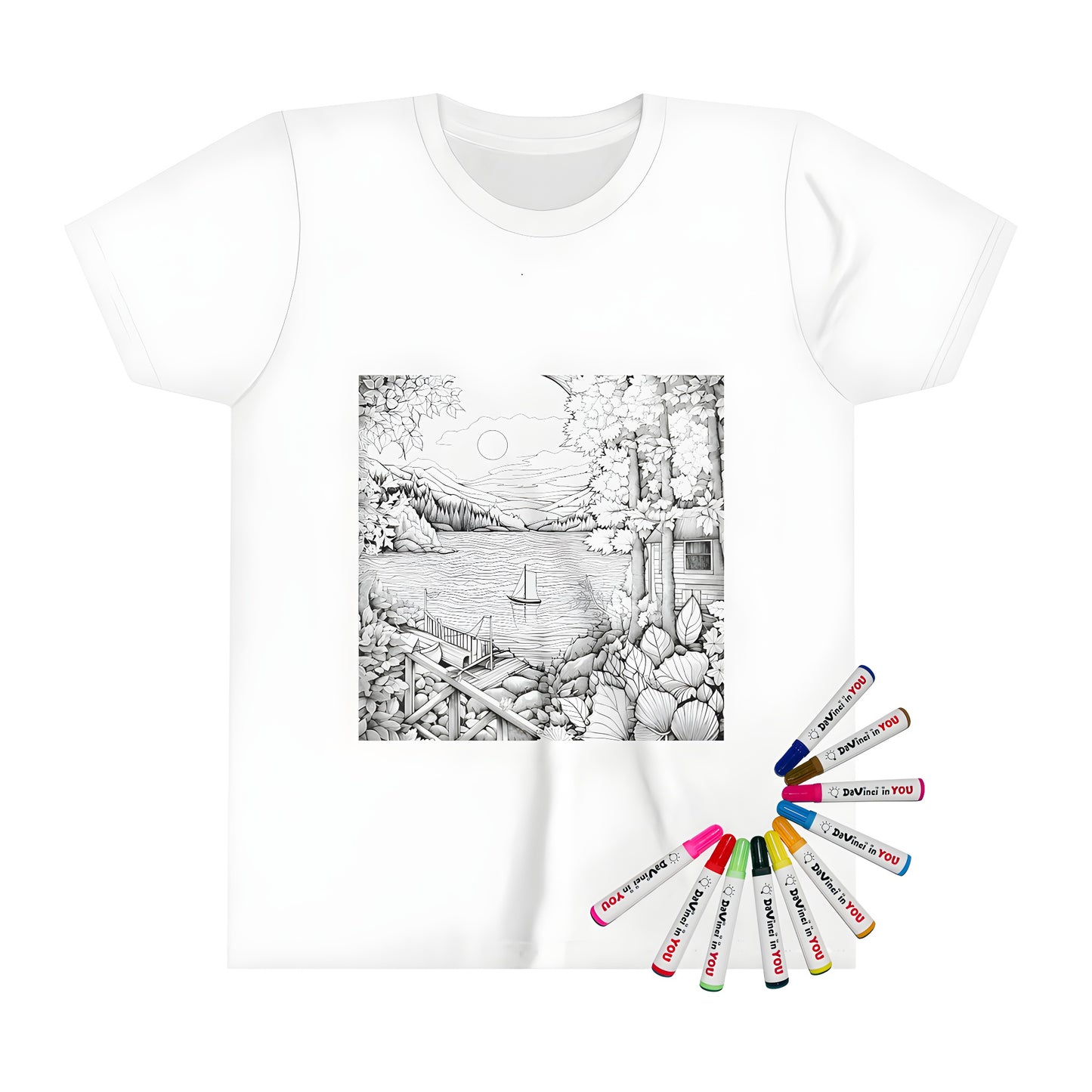 Lakeside scenery kid's t-shirt with sailboat and mountains illustration