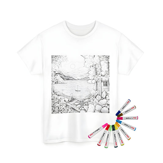 Cozy lakeside scenery illustration on unisex t-shirt