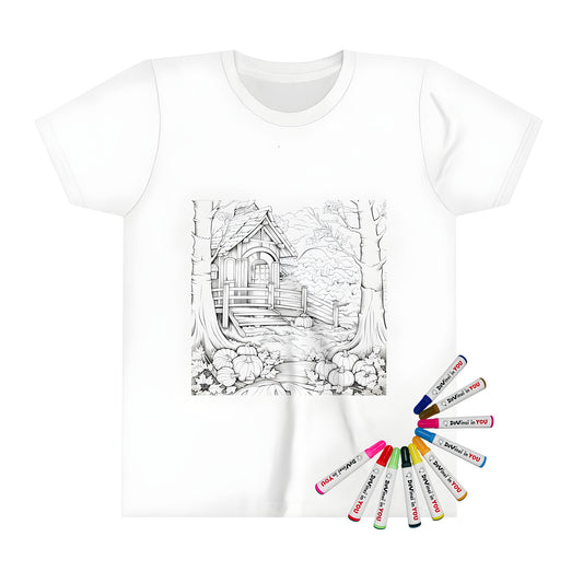 A colorful cottage in the woods kids t-shirt for boys and girls featuring an autumn scene of a cozy cabin surrounded by trees, pumpkins and fall leaves