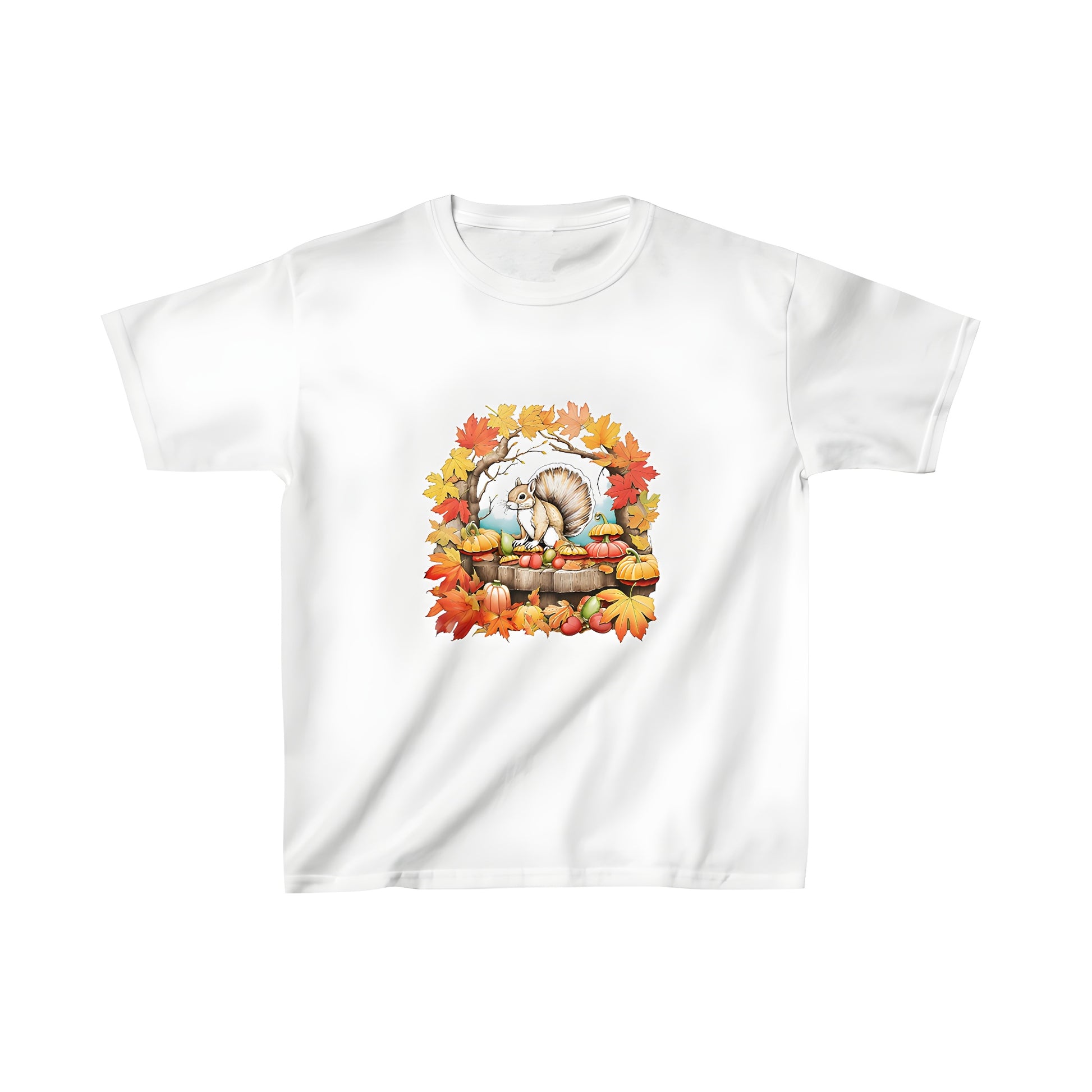 Colorful Kids T-Shirt featuring a squirrel themed design surrounded by autumn leaves, pumpkins, and nuts in a fall setting.