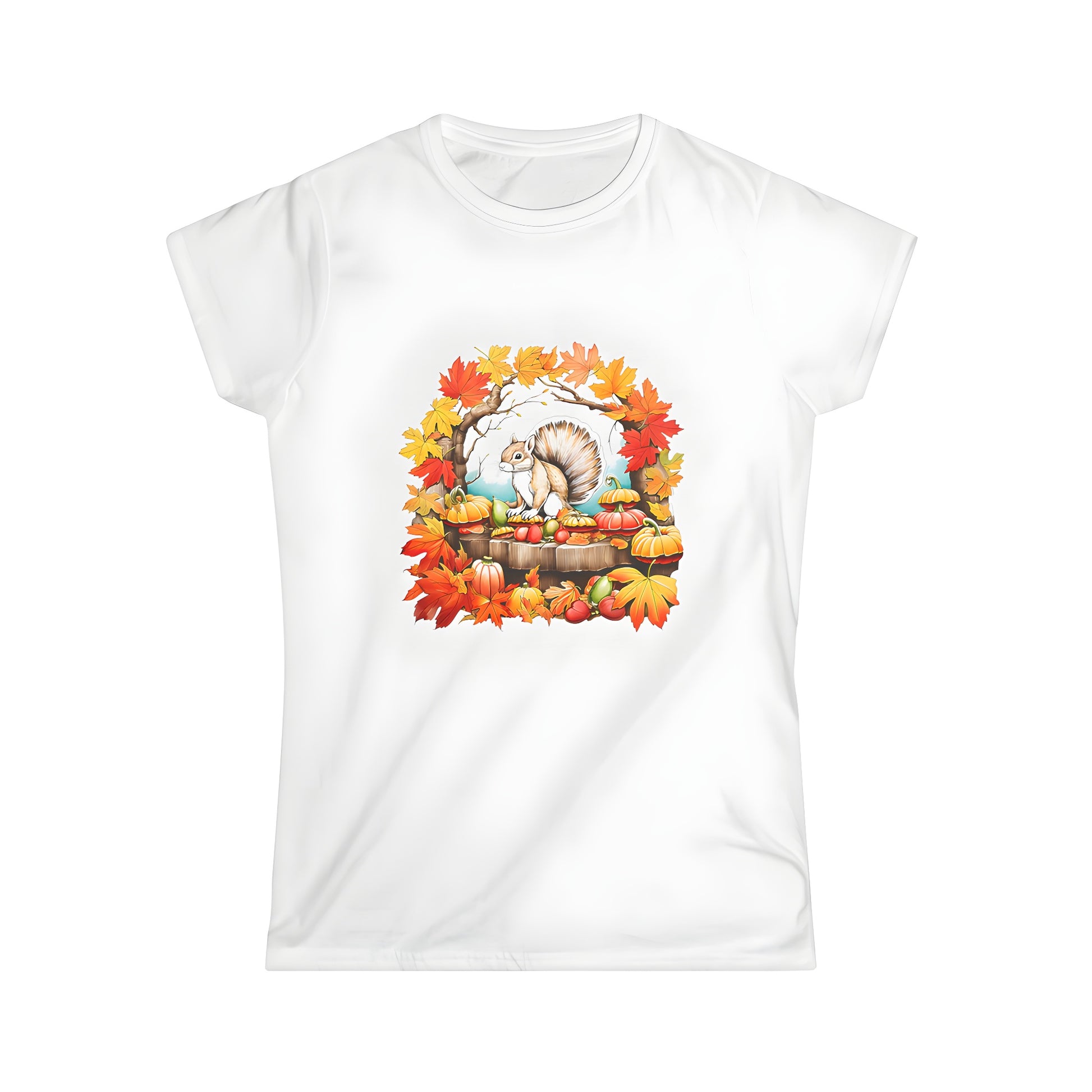 Women's T-shirt featuring autumnal design with squirrel in fall setting