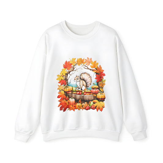 Adult sweatshirt featuring colorful squirrel in autumn landscape design