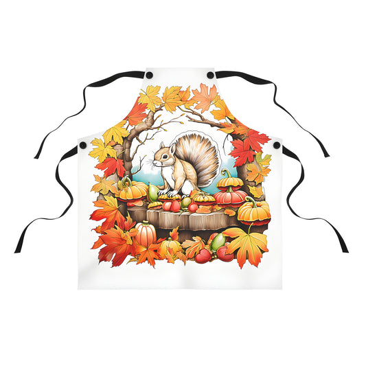 A colorful apron featuring a whimsical squirrel themed design in a fall setting, perfect for autumn enthusiasts and nature lovers alike.