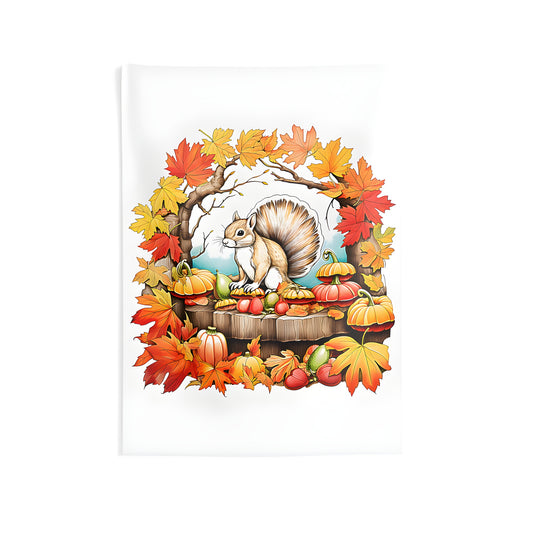 Colorful indoor wall tapestry featuring a squirrel and autumn leaves