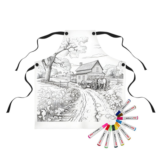 Aprons featuring vintage farmhouse-style designs with horse-drawn carriages, rustic trees, and charming rural scenery