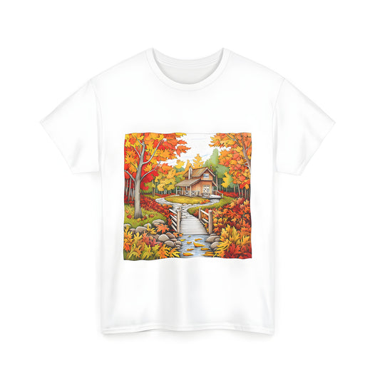 Cozy cabin surrounded by fall foliage, wooden bridge and serene forest scenery on a unisex autumn-themed t-shirt