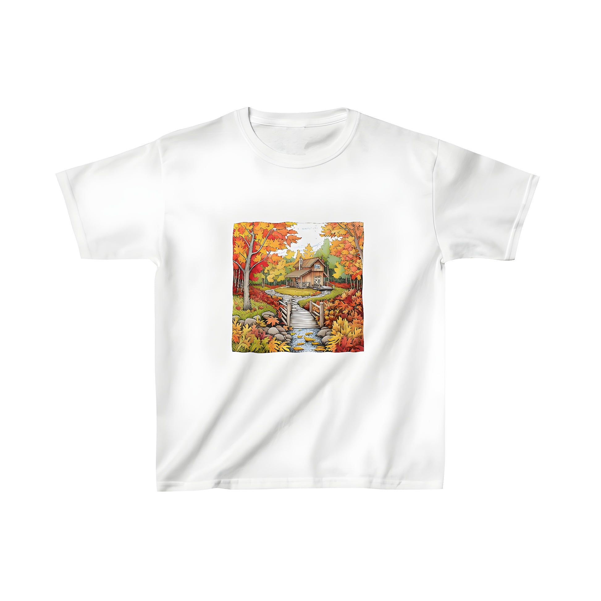 Cozy cabin tee for kids, autumn leaves apparel, fall forest shirt, kid-friendly woodland fashion