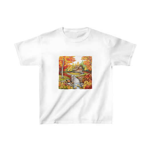 Cozy cabin tee for kids, autumn leaves apparel, fall forest shirt, kid-friendly woodland fashion