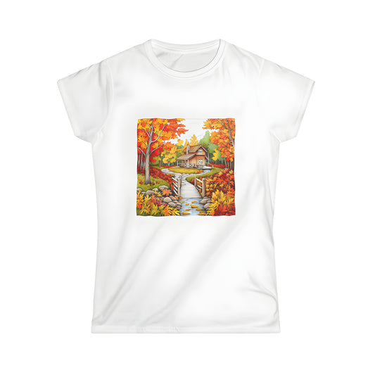 Women's T-Shirt with Fall Village Graphic Tee autumn cabin scene Cozy Cabin Shirt