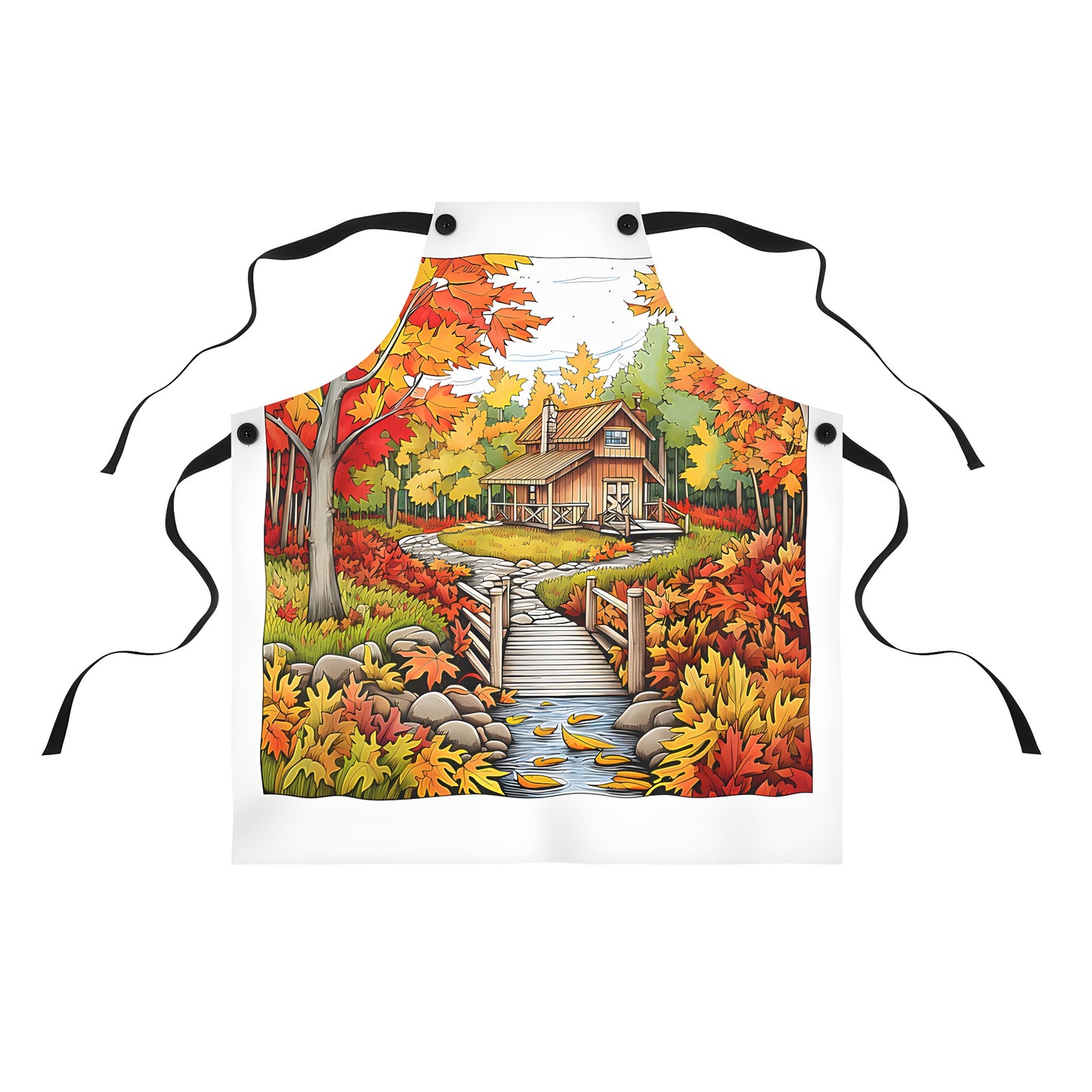 Cozy cabin apron featuring an autumnal landscape of trees and a wooden bridge over a leaf-strewn stream