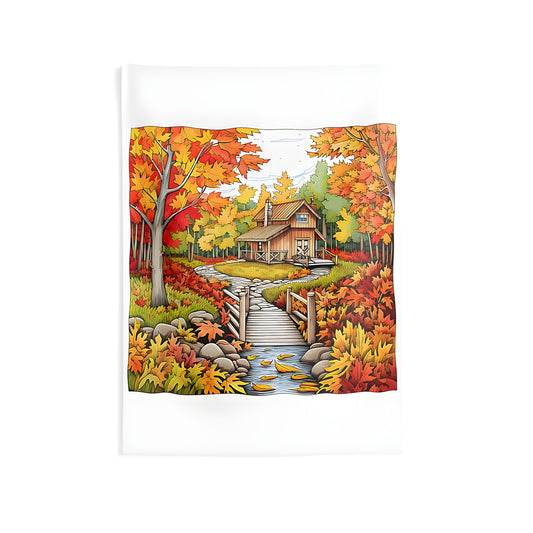 Cozy cabin wall tapestry with autumn foliage and wooden bridge