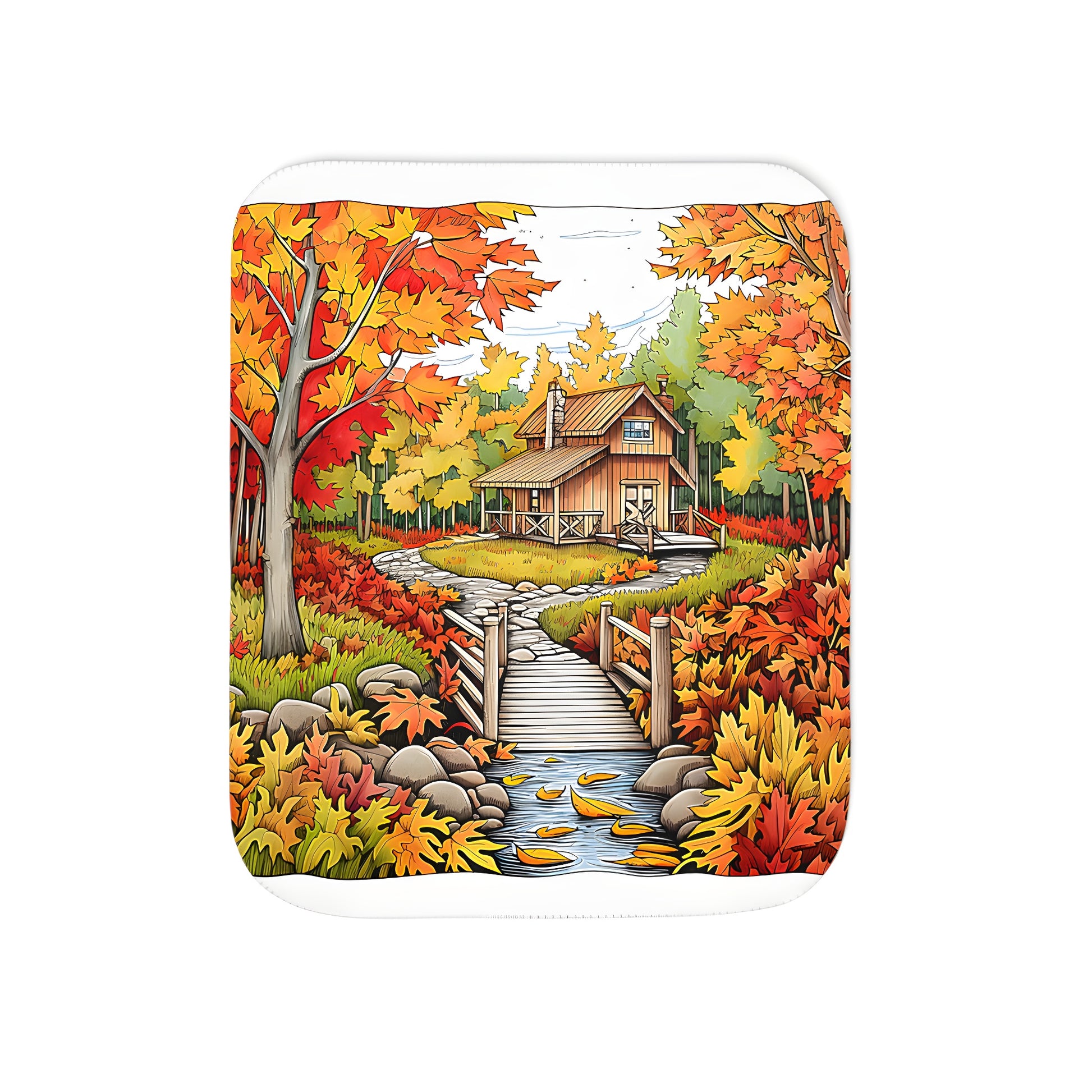 Cozy cabin blanket with autumn leaves and wooden bridge print