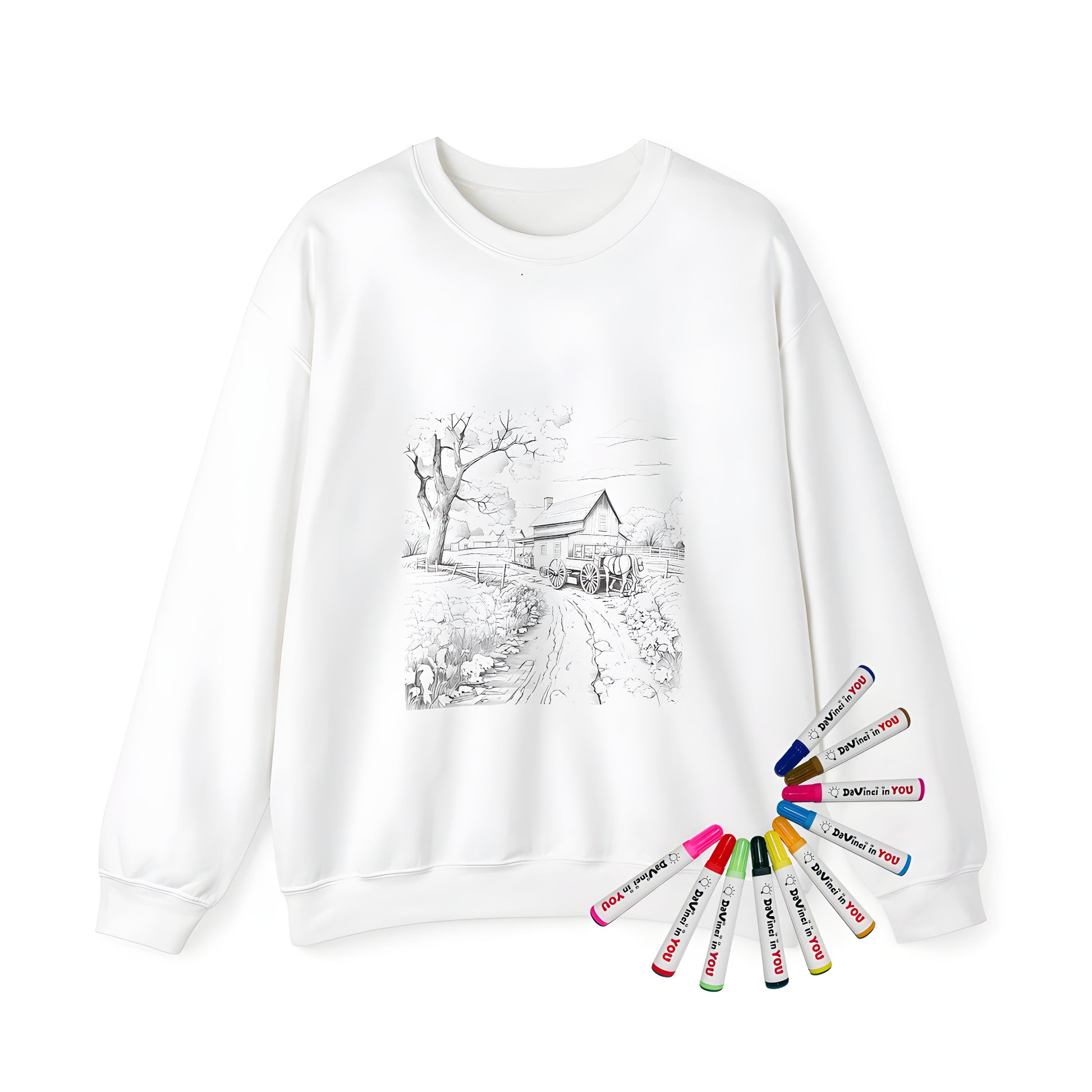 Adult sweatshirt with farmhouse design featuring a horse-drawn carriage, large tree, dirt road, barns, and fencing in a rural setting