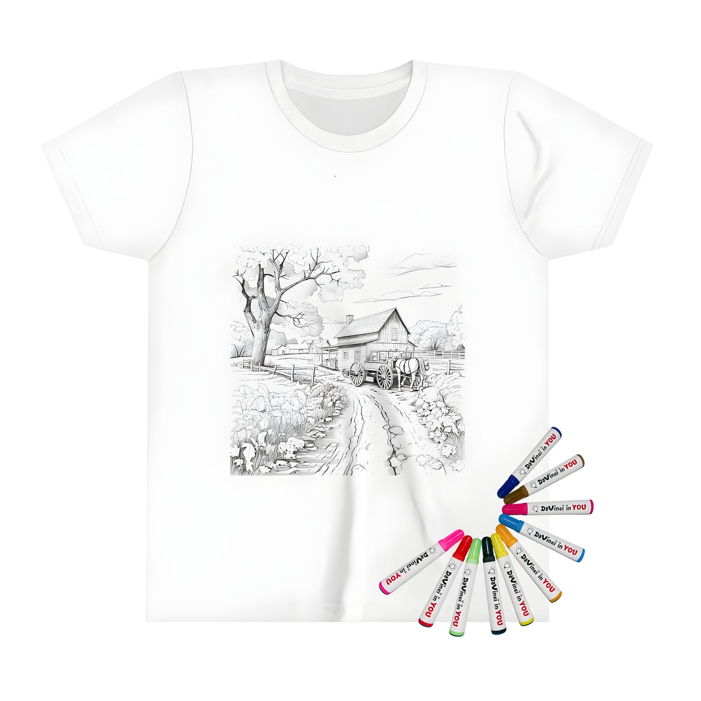 Kid's coloring kit t-shirt with farm-themed art featuring black-and-white illustrations of horse-drawn carriage, tree, dirt road, barns, and fencing