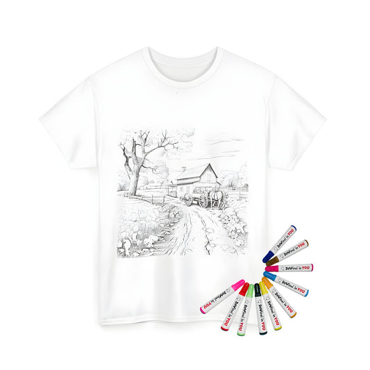 Unisex t-shirt with farmhouse-themed coloring page design featuring black-and-white sketch of horse-drawn carriage, tree, dirt road, barns, and fencing in a rural setting.