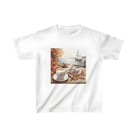 Colorful Kid's T-shirt featuring an autumn scene of a tea set on a wooden porch, orange leaves, and a sailing ship at sunset.