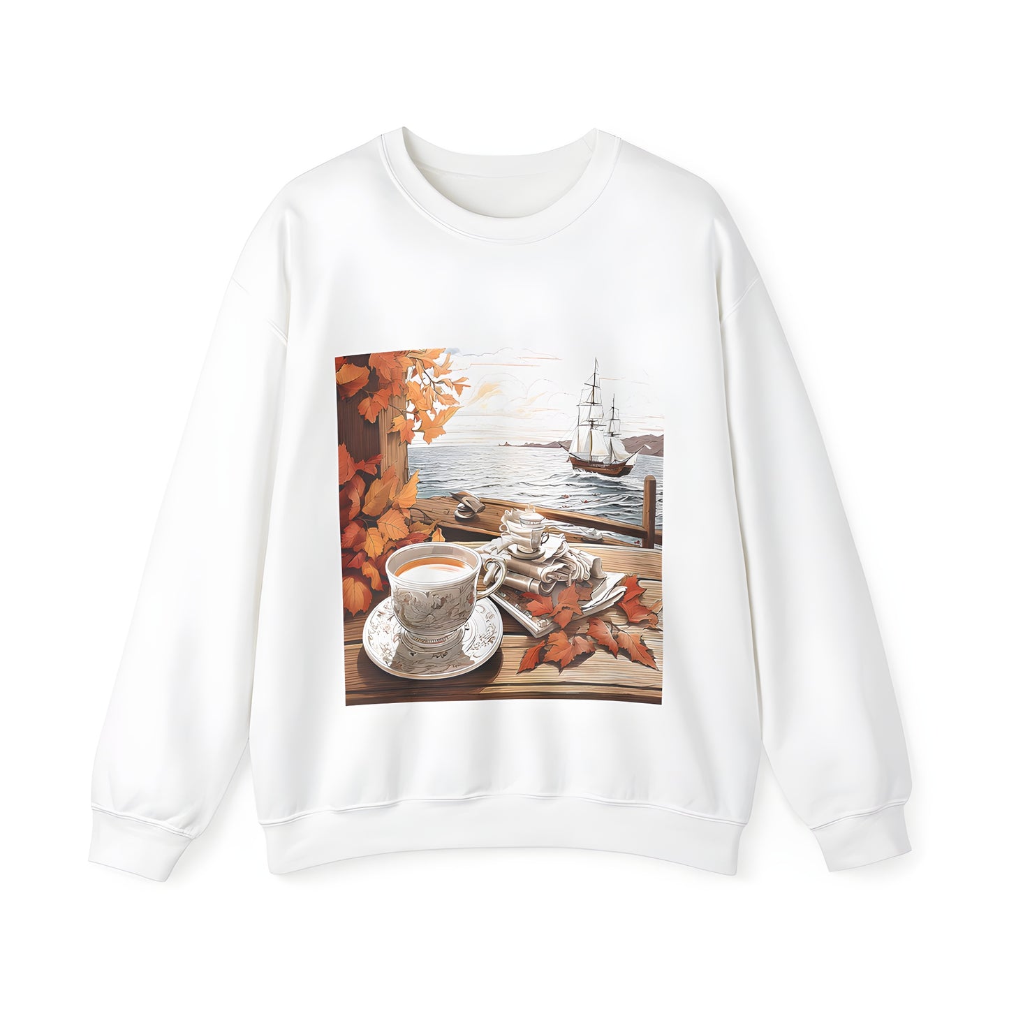 Adult Sweatshirts featuring scenic Autumn designs with tea sets on wooden porches, sailboats at sunset, and vibrant orange leaves