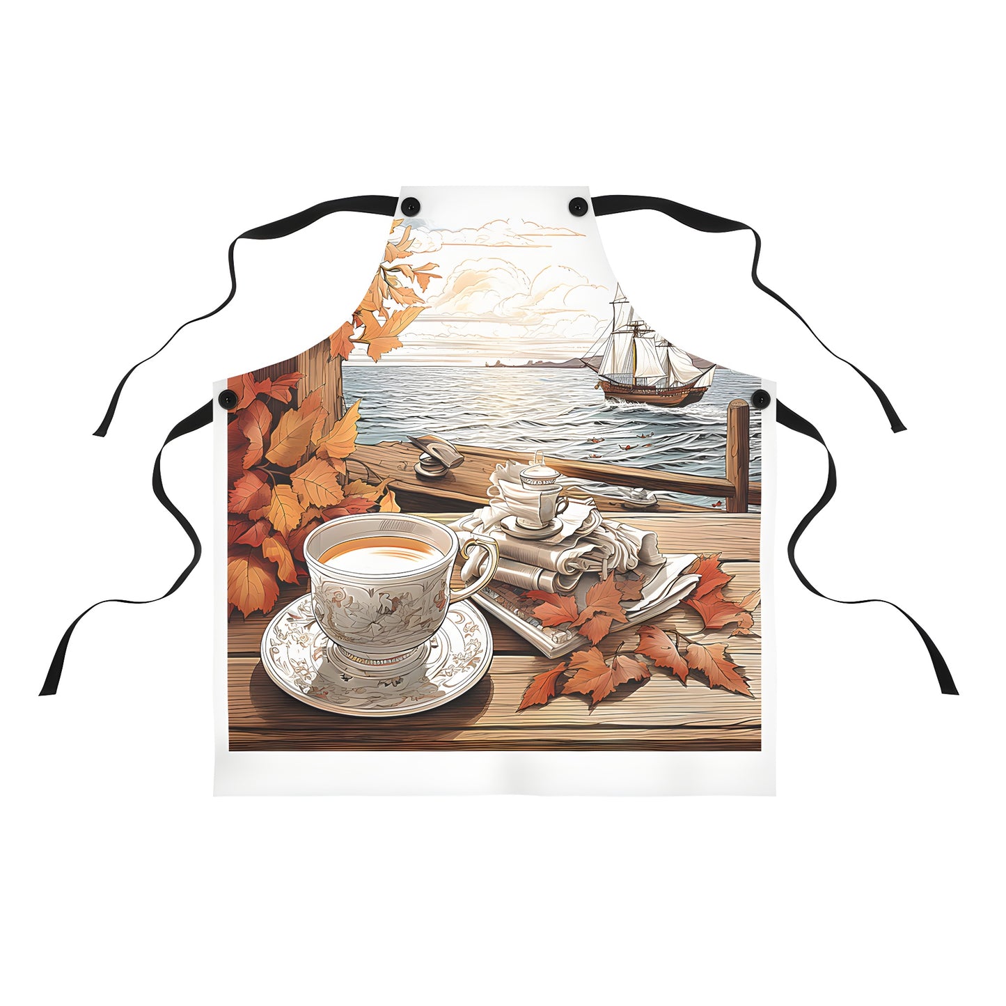 Cozy tea time on the wooden porch with an apron featuring our unique Tea by the Sea design.