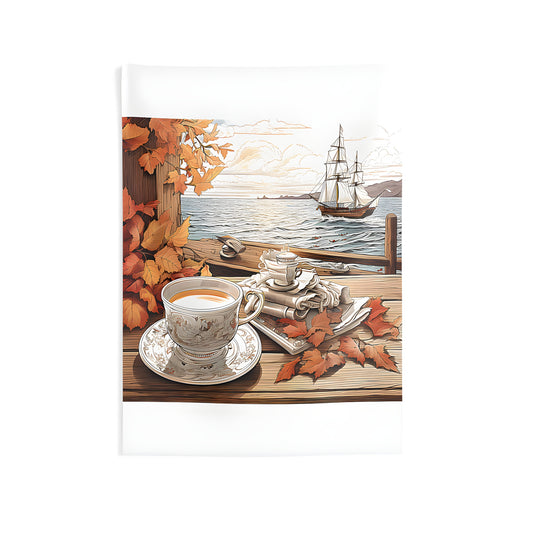 Indoor wall tapestry featuring a scenic autumnal tea set scene on a wooden porch with vibrant orange leaves and a sailing ship at sunset.