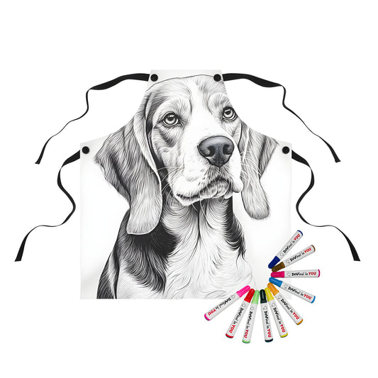 Apron with cute Hound Dog design, featuring a detailed black-and-white illustration of a friendly Beagle face with expressive eyes and floppy ears.