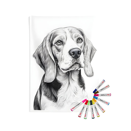 Indoor wall tapestry featuring a detailed black-and-white illustration of a beagle dog, hound, pup, or hunting companion design for home decor