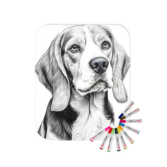 Cozy blanket with a detailed black-and-white illustration of a beagle dog, featuring expressive eyes and floppy ears. Perfect for hound lovers and those who adore hunting or country-themed decor.