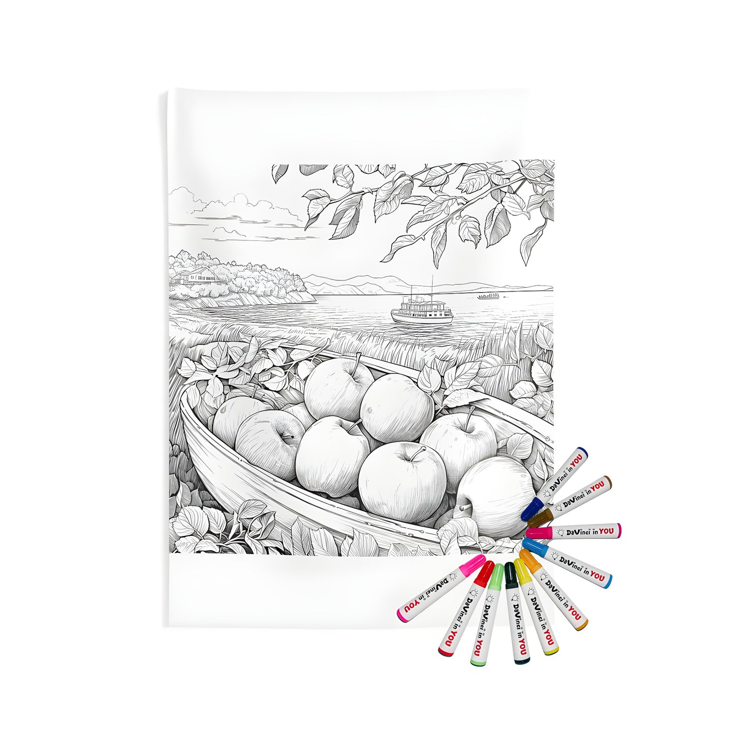 A black and white drawing of fruit in a boat by the water, surrounded by foliage and trees. A beautiful Indoor Wall Tapestries with a peaceful countryside scene.