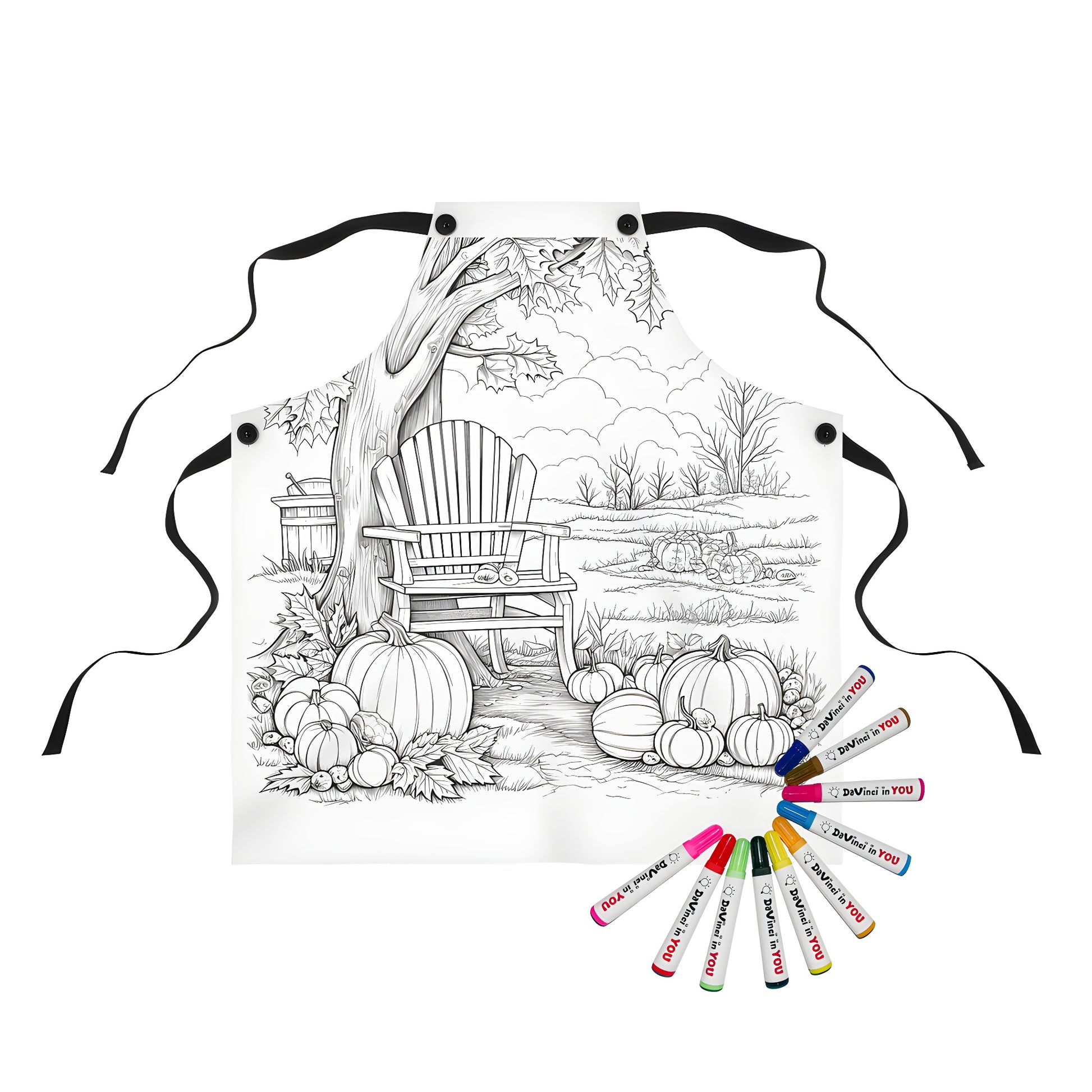 Colorful Autumn Apron with Tree, Chair, and Gourds