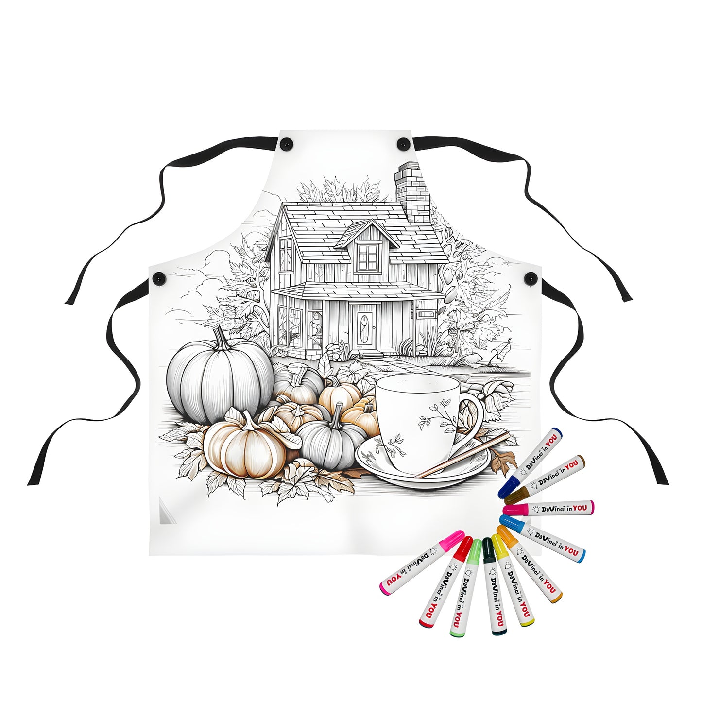 Colorful Apron featuring cozy house surrounded by pumpkins and autumn leaves - farm home decor