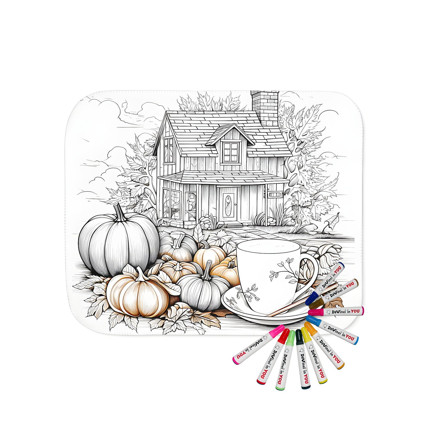 Cozy home blanket with fall coloring page design featuring pumpkins and autumn leaves, perfect for seasonal decor