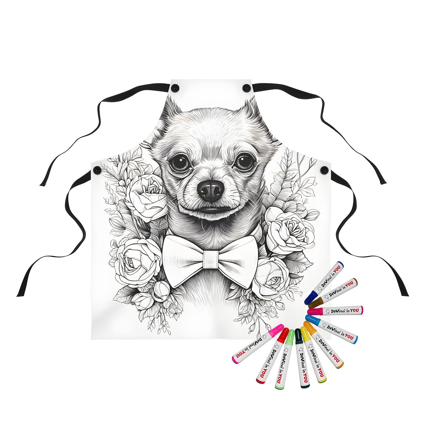 Vibrant apron featuring a fun and colorful drawing of a small dog wearing a bow tie surrounded by roses, ideal for dog lovers and coloring fans.