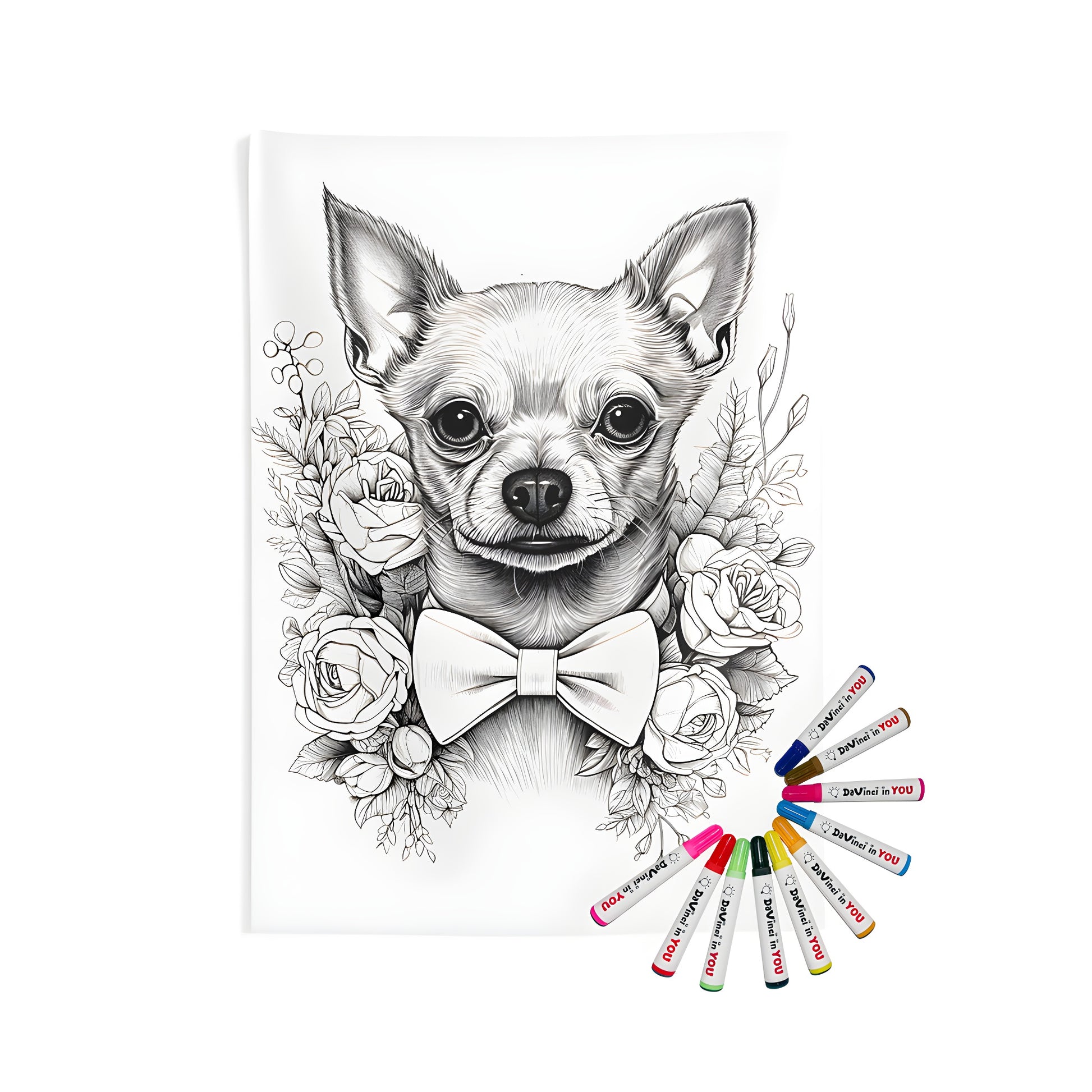 Coloring kit for adult relaxation featuring an Indoor Wall Tapestry with Chihuahua illustration, surrounded by roses