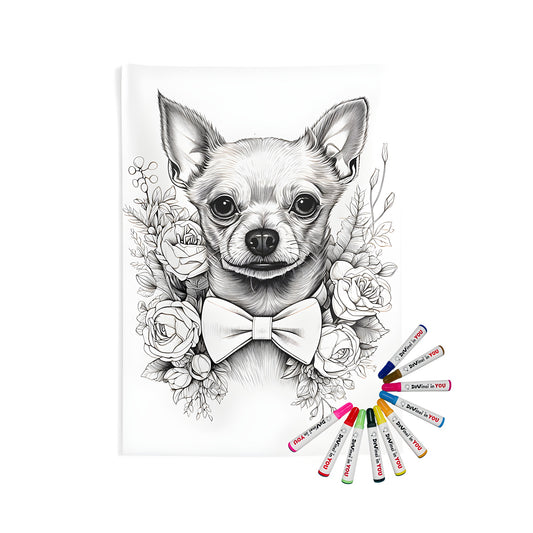 Coloring kit for adult relaxation featuring an Indoor Wall Tapestry with Chihuahua illustration, surrounded by roses